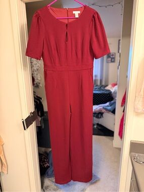 London Times Wine-Red Short-Sleeve Jumpsuit